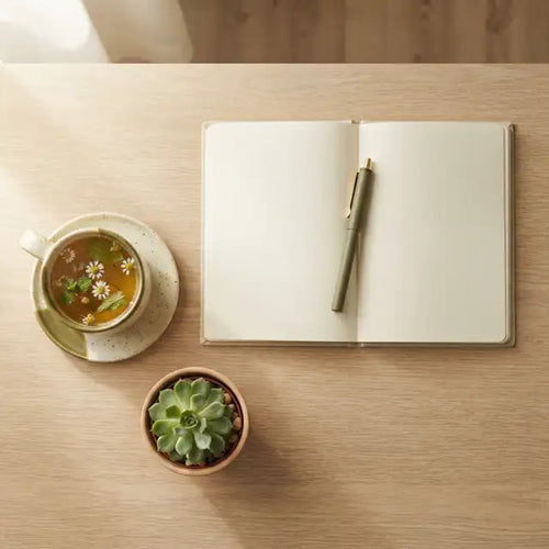 Calm focused workspace with a daily supplement