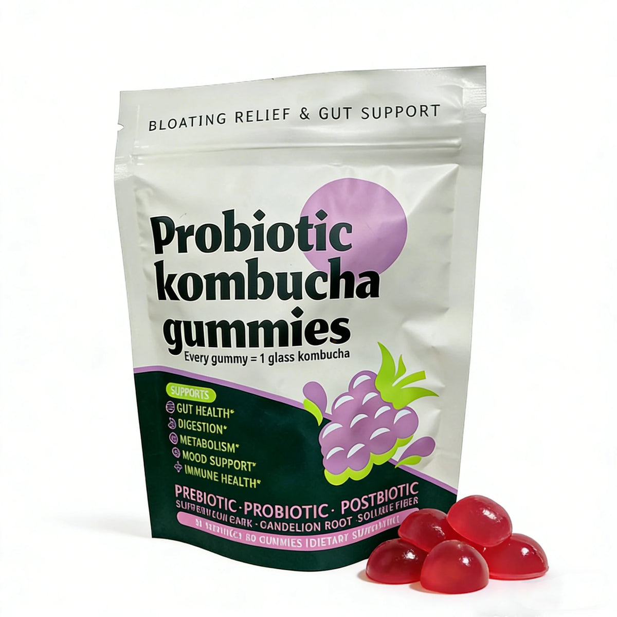 Probiotic kombucha gummies pouch, grape flavor, prebiotic probiotic postbiotic