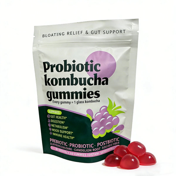 Probiotic kombucha gummies pouch, grape flavor, prebiotic probiotic postbiotic