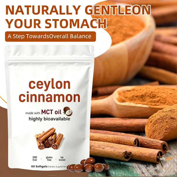 Ceylon cinnamon softgels pouch with cinnamon sticks and powder