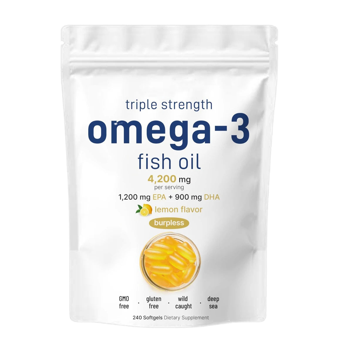 Triple strength omega-3 fish oil 4,200 mg, 1,200 mg EPA and 900 mg DHA, lemon flavor pouch