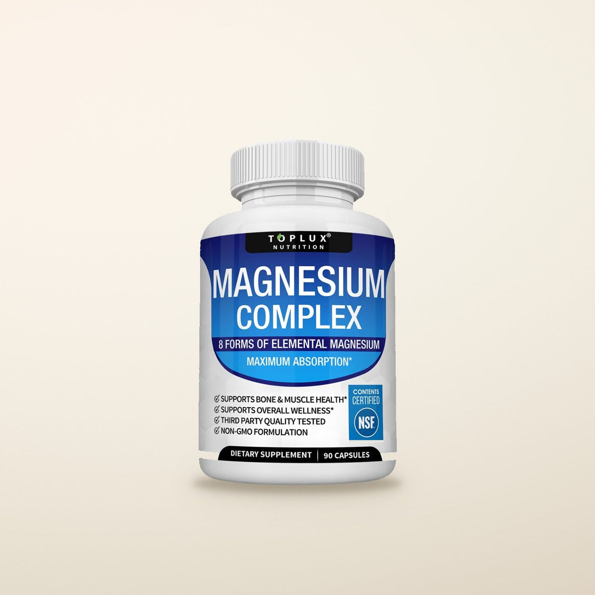 Toplux Nutrition Magnesium Complex bottle, 8 forms of magnesium, 1000 mg per serving, 90 capsules