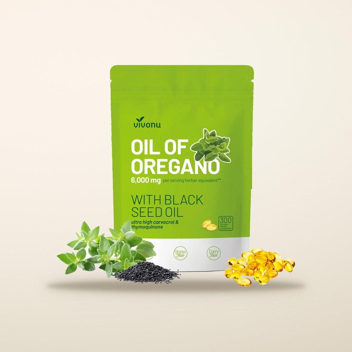 vivonu Oil of Oregano with Black Seed Oil pouch, 300 softgels, with fresh oregano, black seeds and softgels