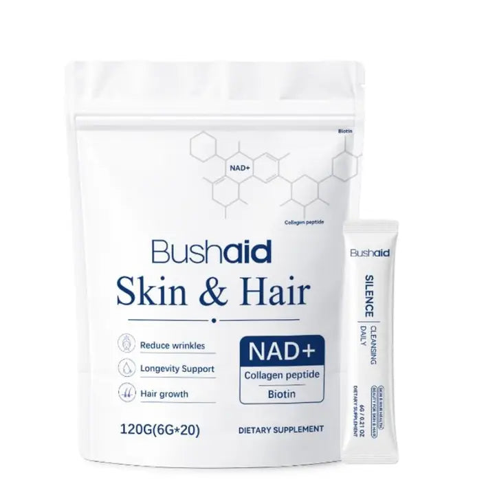 Skin & Hair collagen peptide powder with NAD+ and biotin, pouch and stick pack