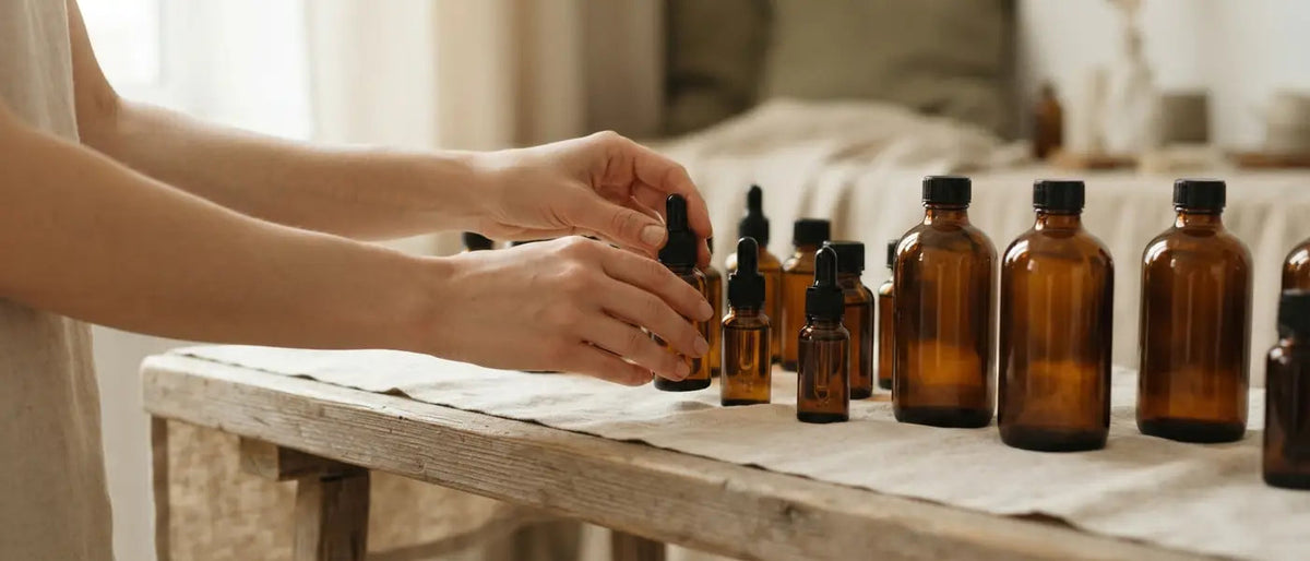 Amber supplement bottles in natural light