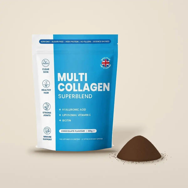 Solen Vitals Multi Collagen powder pouch with a pile of chocolate collagen powder on a beige background