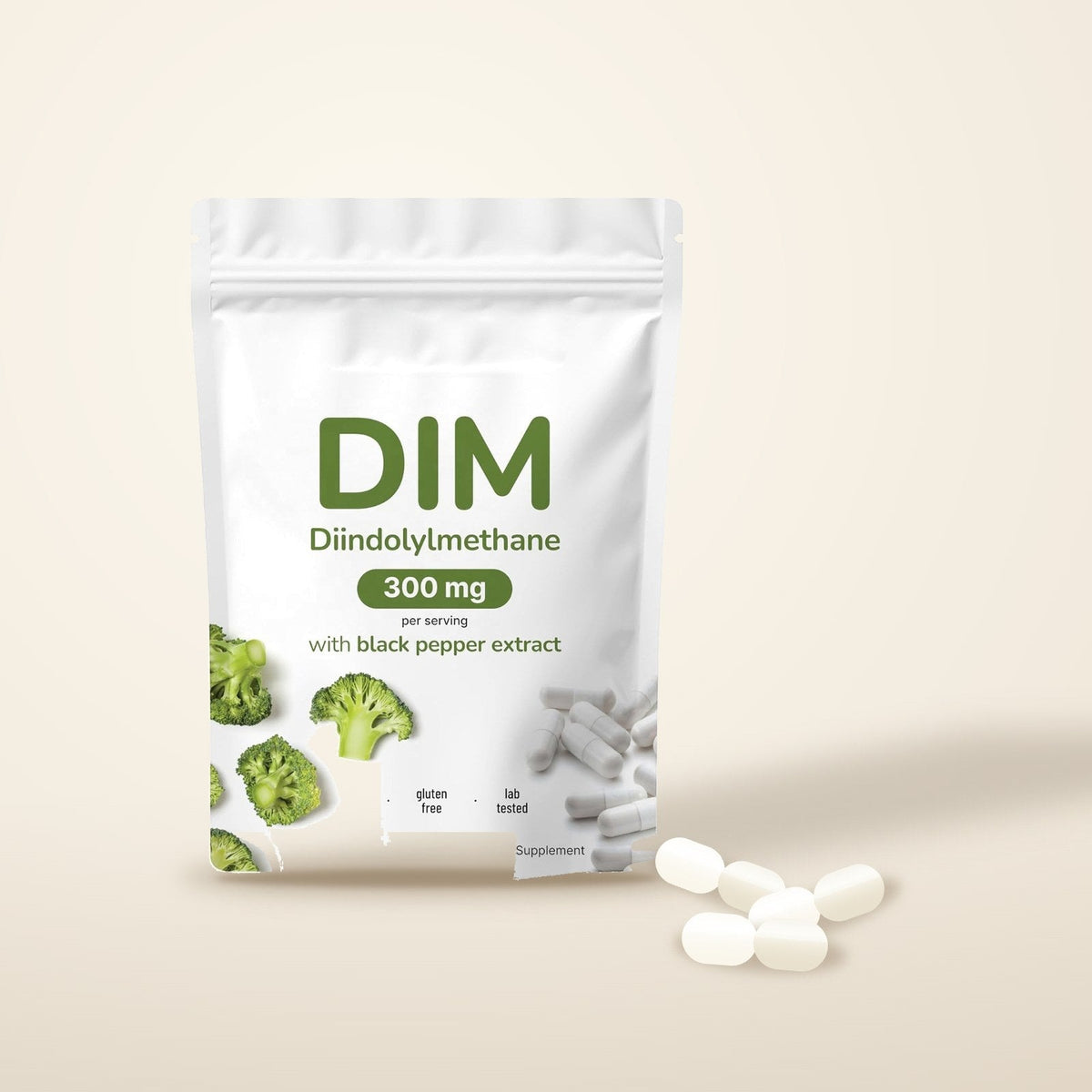 DIM 300 mg pouch with white capsules on a beige background
