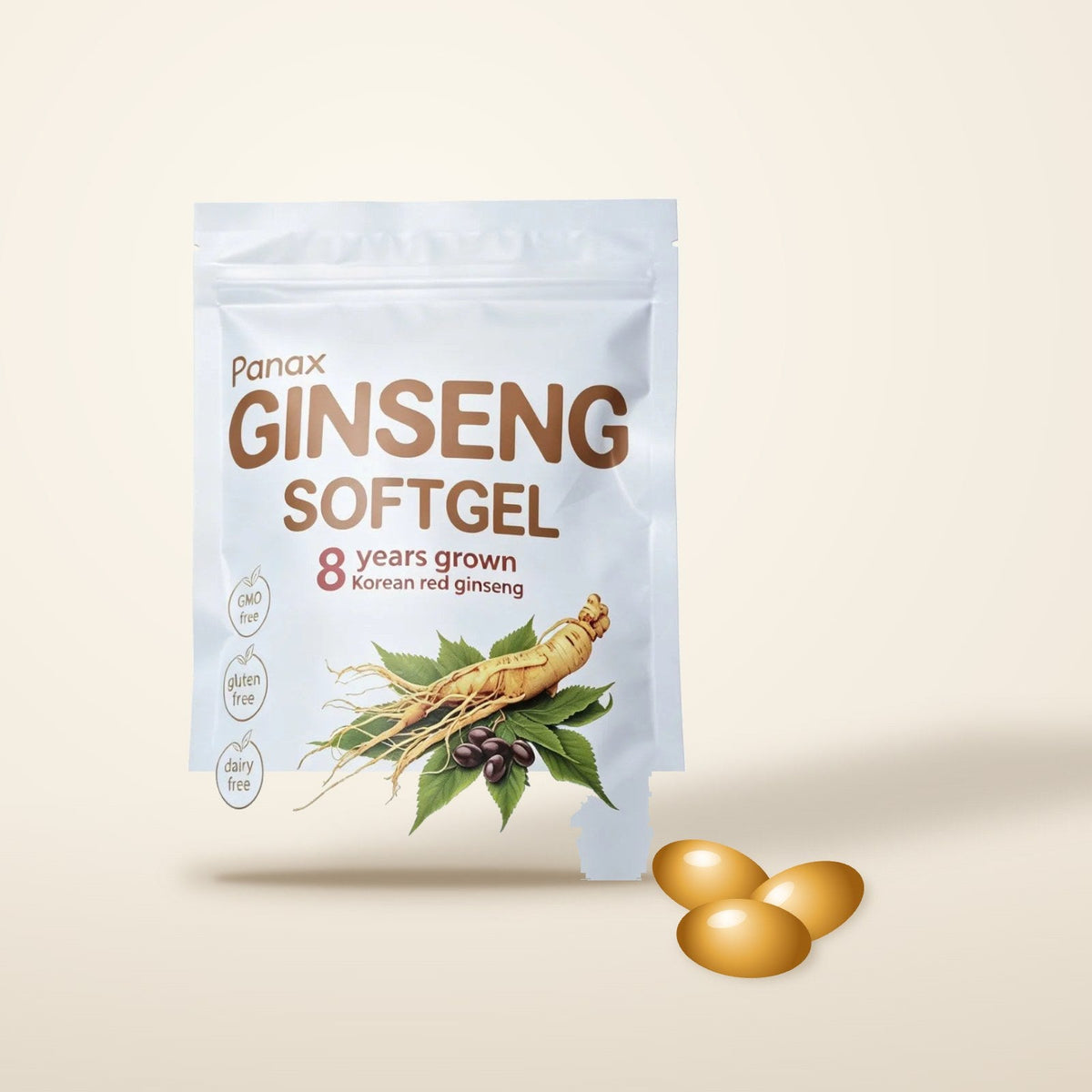 Korean red ginseng softgel pouch with amber softgels on a beige background