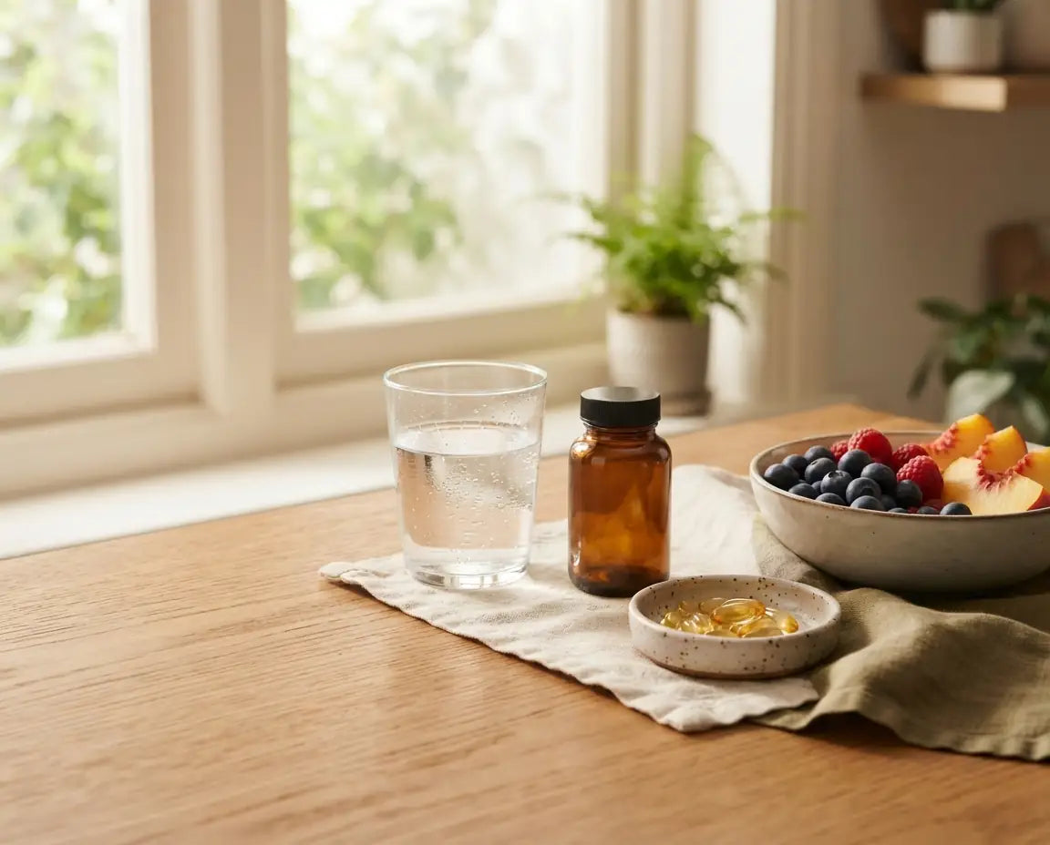 Morning routine with supplements on a sunlit kitchen counter