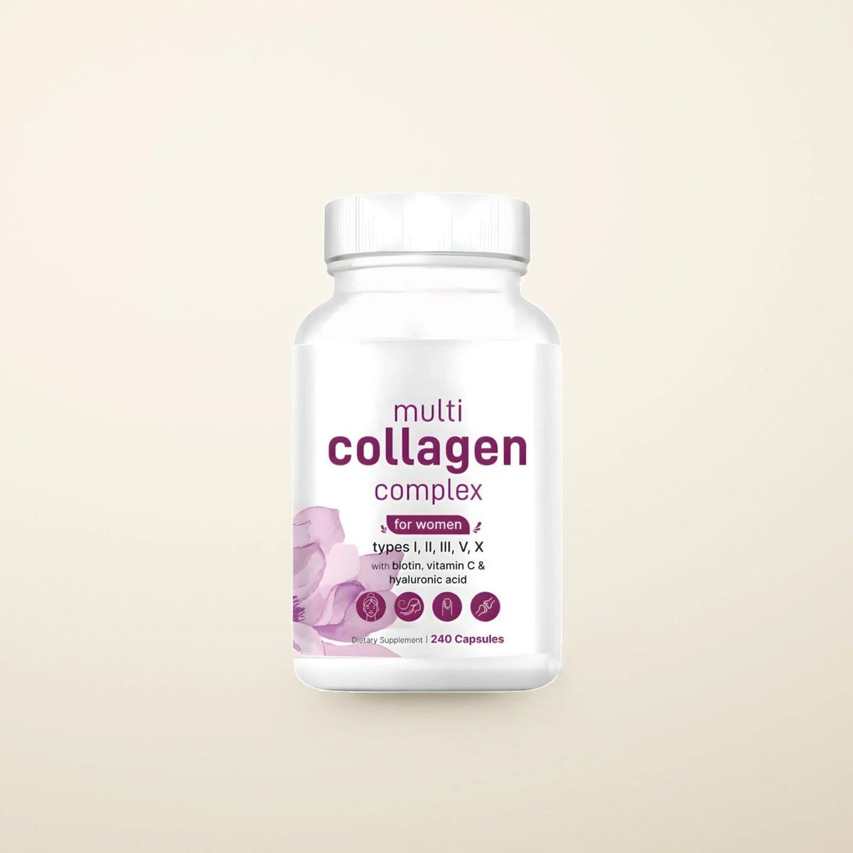 Solen Vitals Multi Collagen Complex for women bottle, collagen types I, II, III, V and X, 240 capsules