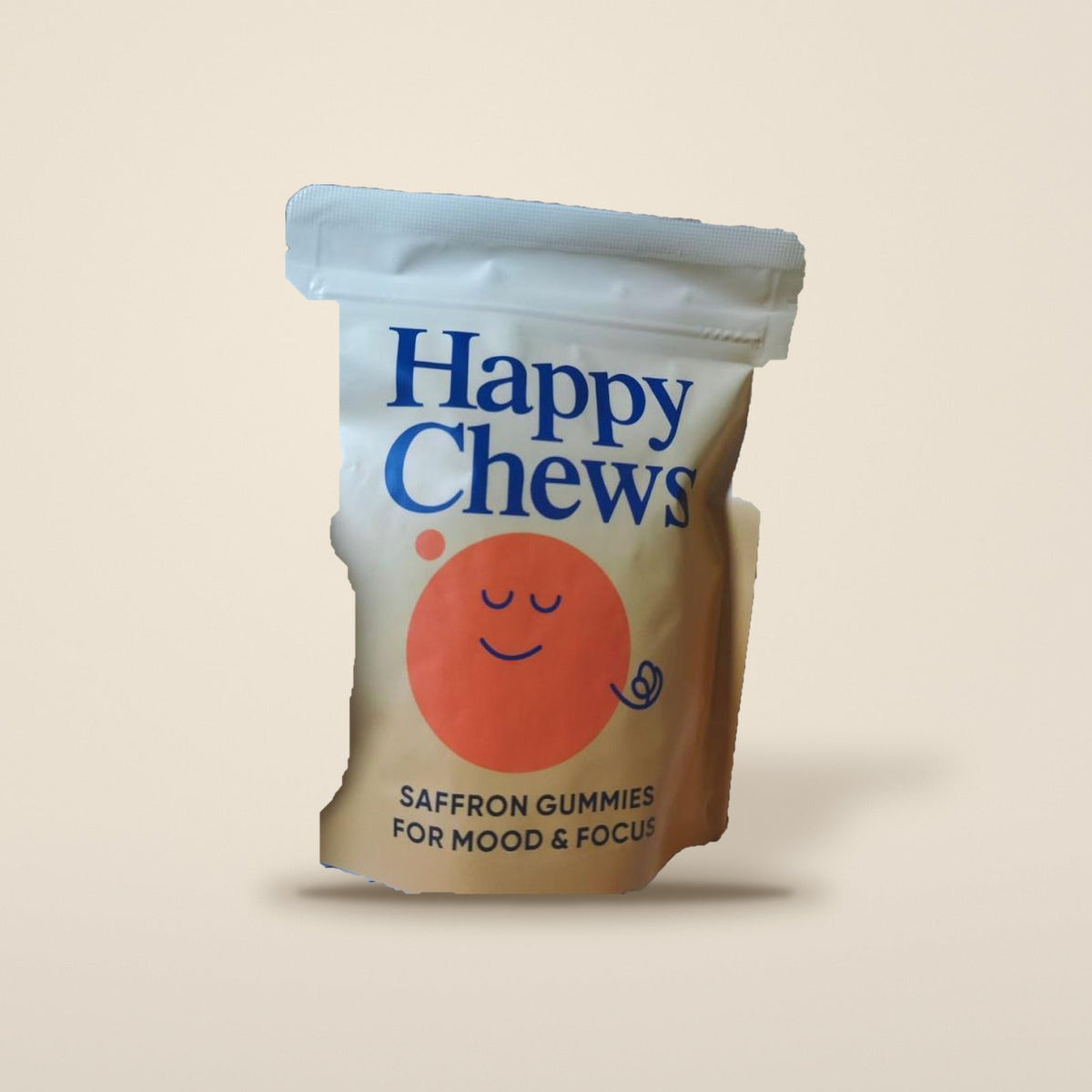 Saffron gummies pouch for mood and focus on a beige background