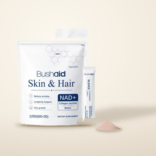 Skin and hair collagen peptide sticks with powder on a beige background